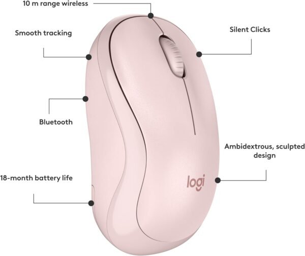 Mouse Sem Fio Logitech M240 com Conexão Bluetooth, Clique Silencioso, Design Ambidestro Compacto, Bateria de 18 Meses, Compatível com Windows, macOS, ChromeOS - Rosa - Imagem 7
