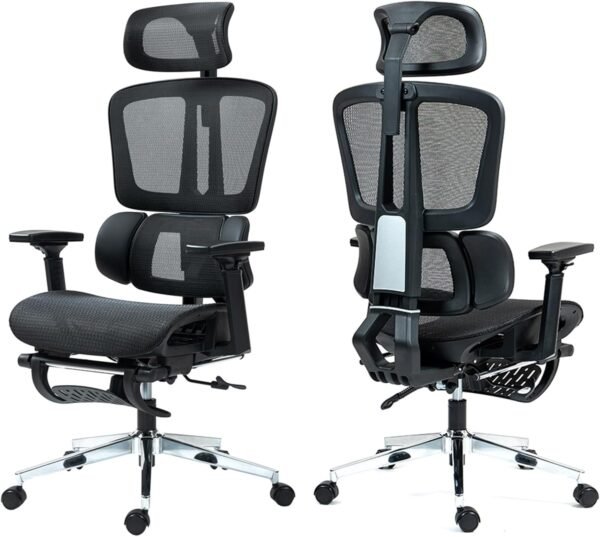 Cadeira de Escritório Ergonômica Premium, Encosto Reclinável, Apoio Lombar e Cabeça Ajustáveis, Assento em Malha Respirável, Braços 3D, Ideal Home Office e Gamer, Preto