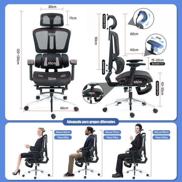 Cadeira de Escritório Ergonômica Premium, Encosto Reclinável, Apoio Lombar e Cabeça Ajustáveis, Assento em Malha Respirável, Braços 3D, Ideal Home Office e Gamer, Preto - Imagem 2