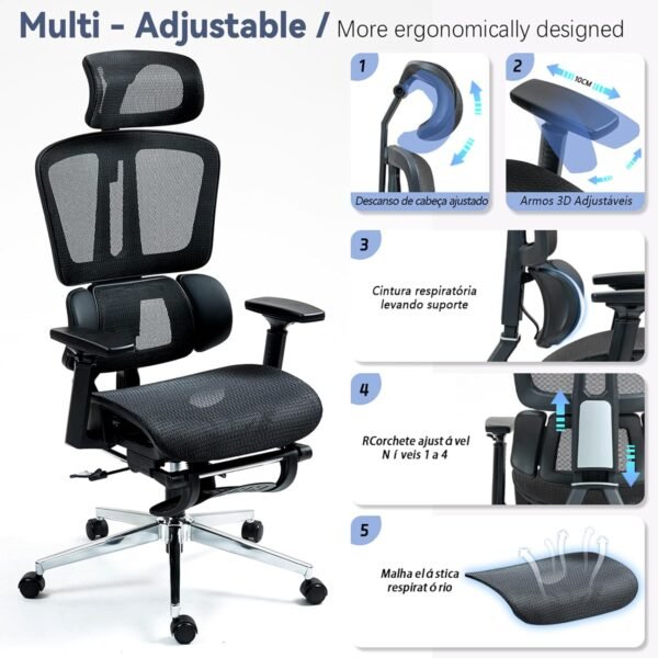 Cadeira de Escritório Ergonômica Premium, Encosto Reclinável, Apoio Lombar e Cabeça Ajustáveis, Assento em Malha Respirável, Braços 3D, Ideal Home Office e Gamer, Preto - Imagem 3