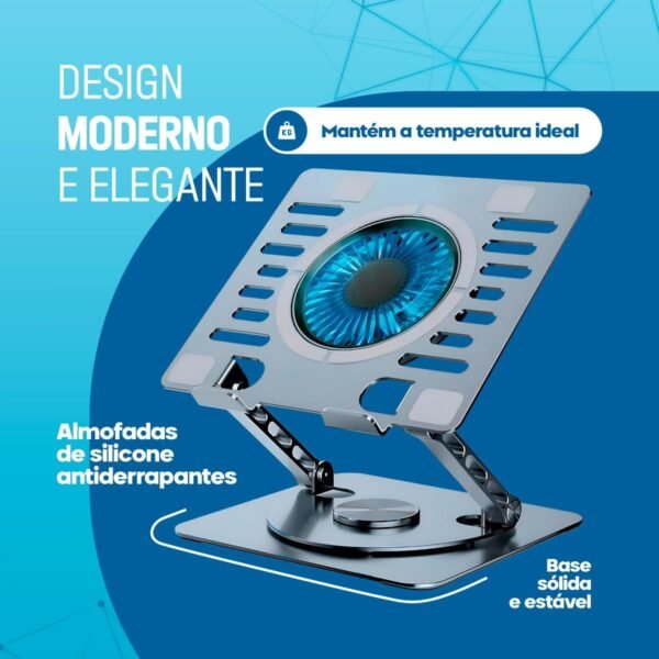 Suporte para Notebook Com Cooler Apoio Base de Aluminio para Laptop Tablet com Ventilador Ventoinha Ajustável Resistente Estável Portátil de Metal Vertical Dobrável Articulado - Imagem 3