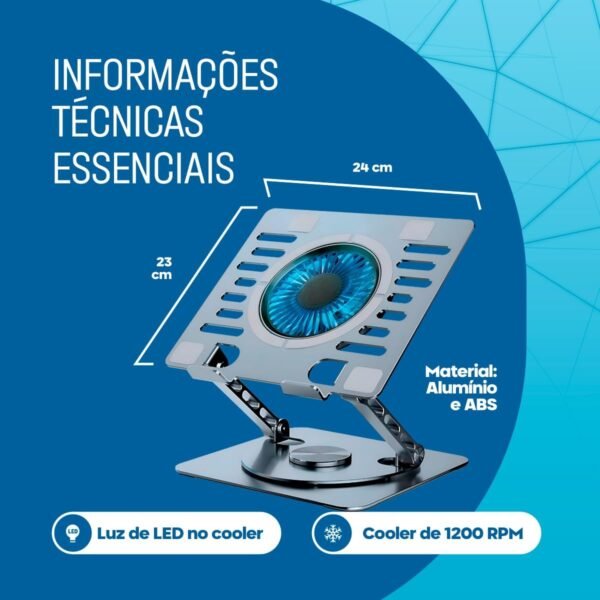 Suporte para Notebook Com Cooler Apoio Base de Aluminio para Laptop Tablet com Ventilador Ventoinha Ajustável Resistente Estável Portátil de Metal Vertical Dobrável Articulado - Imagem 5