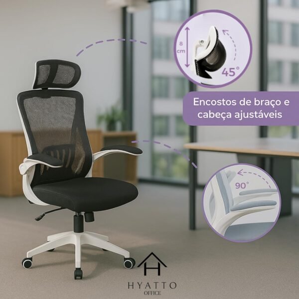 Cadeira de Escritório Ergonômica Giratória, Encosto de Cabeça Ajustável, Estofado Mesh, Tipo Presidente Confortável, Mecanismo de Elevação a gás, Inclinação, Preta e Branca | HYATTO OFFICE | - Imagem 3