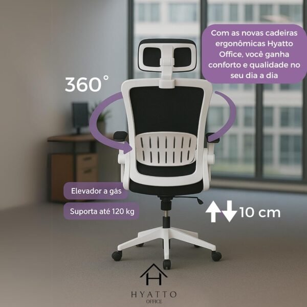 Cadeira de Escritório Ergonômica Giratória, Encosto de Cabeça Ajustável, Estofado Mesh, Tipo Presidente Confortável, Mecanismo de Elevação a gás, Inclinação, Preta e Branca | HYATTO OFFICE | - Imagem 4