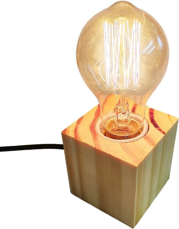 Abajur Madeira Rústico Pinus Cubo Quadrado Luminária de Mesa - Imagem 3