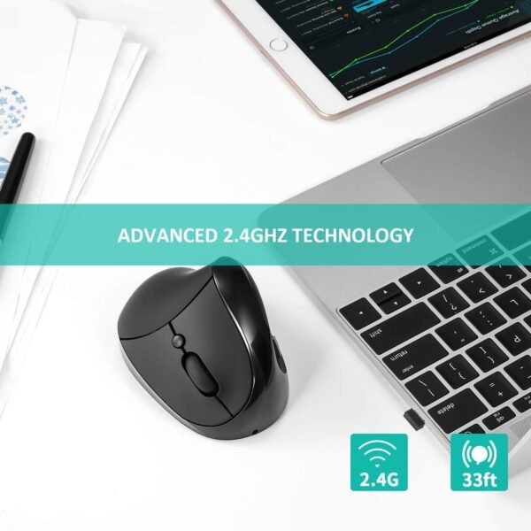 AURTEC Mouse vertical, mouse ergonômico sem fio recarregável de 2,4 G com receptor USB, 6 botões e 3 DPI ajustáveis 800/1200/1600, preto - Imagem 3