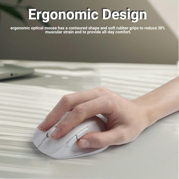 KUYHRF Mouse sem fio, mouse óptico ergonômico de 2,4 G, 5 botões, DPI ajustável, mouse de computador USB para laptop, PC, computador, Chromebook, notebook (branco) - Imagem 3