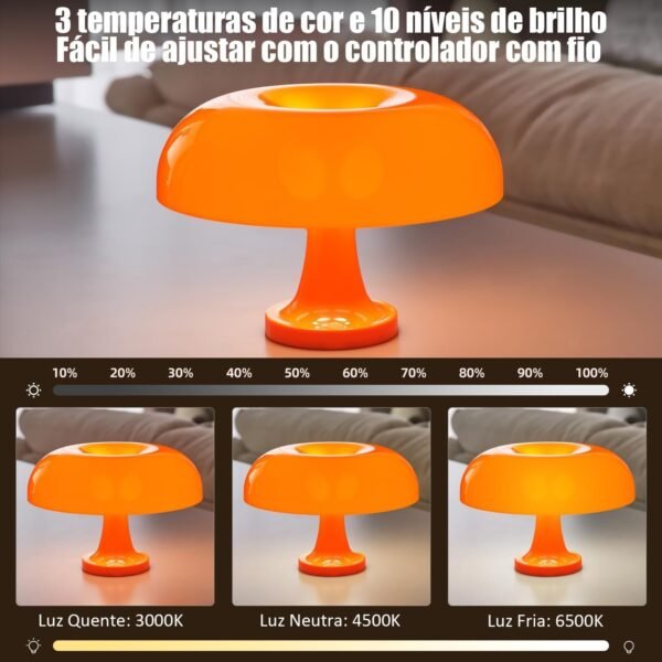 Luminaria Cogumelo, Luz de Mesa com 3 Modos de Iluminação, Luz para Monitor, Luminária de Mesa Cogumelo, Abajur de LED, Luminária Decorativa, Luminária de Quarto, Laranja - Imagem 3