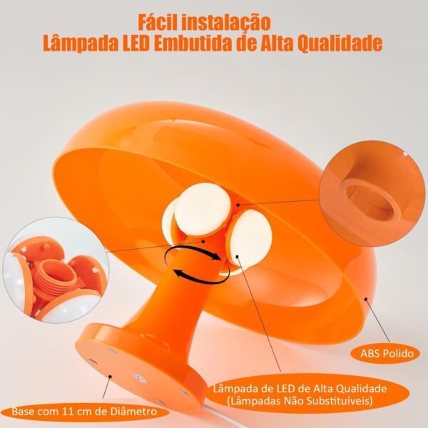 Luminaria Cogumelo, Luz de Mesa com 3 Modos de Iluminação, Luz para Monitor, Luminária de Mesa Cogumelo, Abajur de LED, Luminária Decorativa, Luminária de Quarto, Laranja - Imagem 4