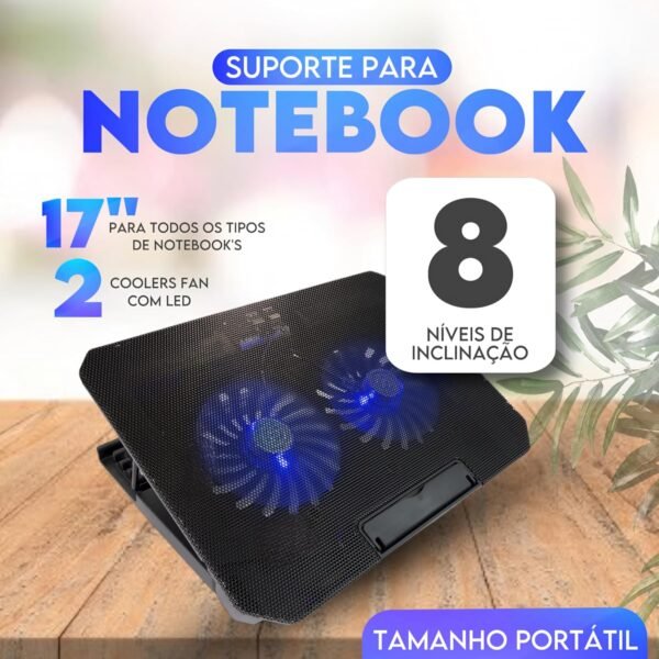 Base para Notebook com Cooler, 2 Ventiladores LED Azul, Suporte Ajustável 12-17 Polegadas, 35,7 x 26,2 cm - Imagem 3