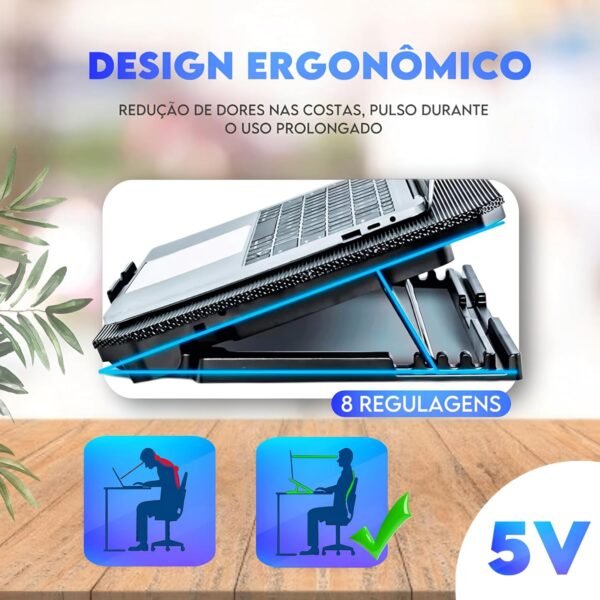 Base para Notebook com Cooler, 2 Ventiladores LED Azul, Suporte Ajustável 12-17 Polegadas, 35,7 x 26,2 cm - Imagem 4