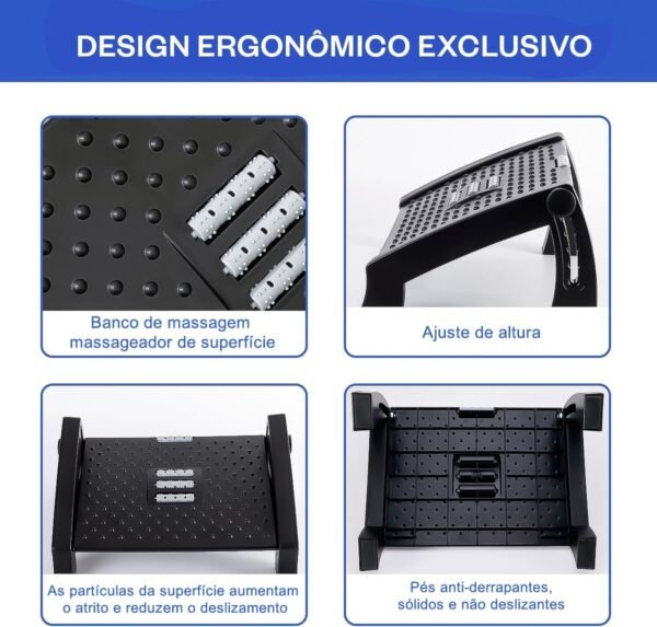 Banquinho Apoio Massageador Para Pés Embaixo Da Mesa Com Altura Ajustável Em 6 Posições Ergonômico Rodas De Massagem Banquinho De Vaso Sanitário Preto - Imagem 3