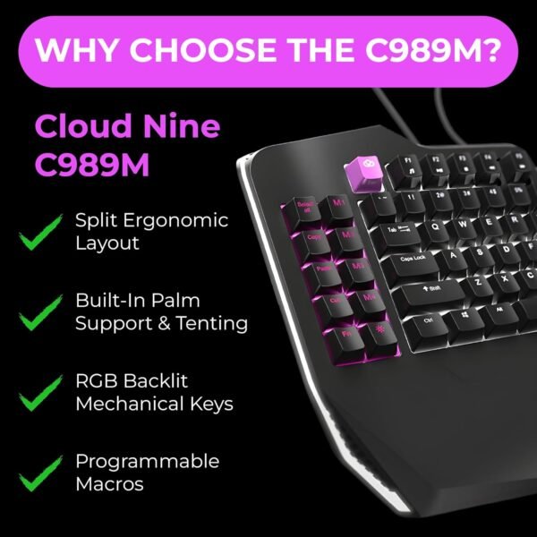 Teclado mecânico ergonômico Cloud Nine C989M – Interruptores marrons Cherry MX – Retroiluminação LED RGB com USB – Tabuleiro Ergo Split com Macro para PC, Full-Size Keyboard - Imagem 9