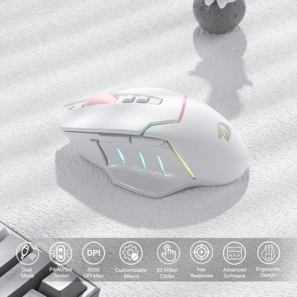 Redragon Mouse para jogos M690 PRO sem fio, 8000 DPI com fio/sem fio com chave de disparo rápido, 8 botões macro, design ergonômico para PC/Mac/laptop, branco - Imagem 3