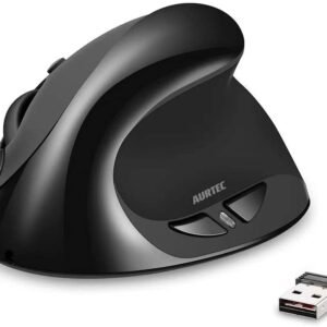 AURTEC Mouse vertical, mouse ergonômico sem fio recarregável de 2,4 G com receptor USB, 6 botões e 3 DPI ajustáveis 800/1200/1600, preto