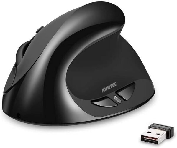 AURTEC Mouse vertical, mouse ergonômico sem fio recarregável de 2,4 G com receptor USB, 6 botões e 3 DPI ajustáveis 800/1200/1600, preto