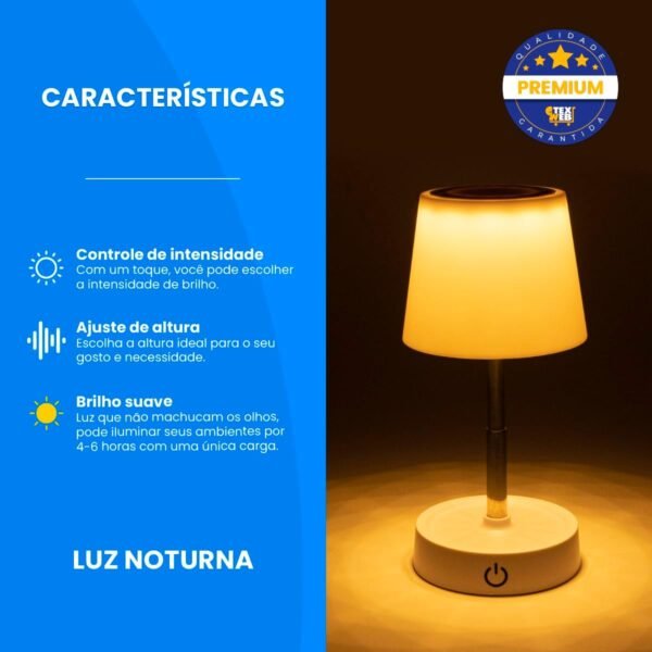 Abajur De Mesa Quarto Criado Mudo LED Luz Amarela Touch Sem Fio Recarregável Classica - Imagem 2