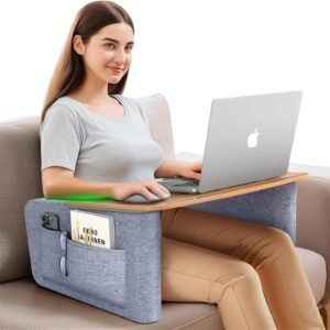 Almofada de mesa de colo com parte superior de madeira, almofada de leitura grande para cama, mesa de laptop para sofá, cinza