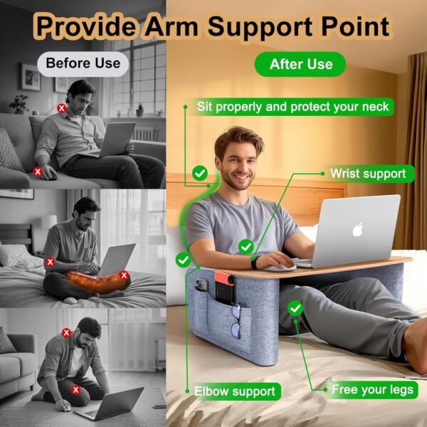 Almofada de mesa de colo com parte superior de madeira, almofada de leitura grande para cama, mesa de laptop para sofá, cinza - Imagem 2