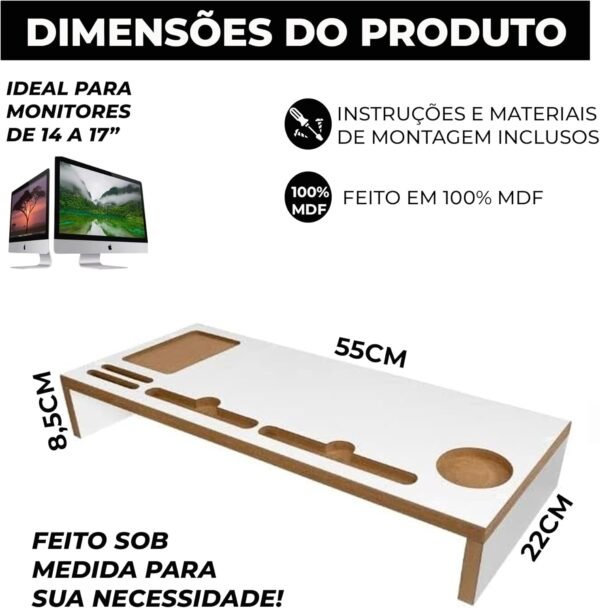 ArtMovelar - Mesa Base para Monitor - Suporte para Computador com Apoio para Objetos - Suporte de Monitor e TV, Organizador de Mesa, Home Office - Branco - Imagem 2