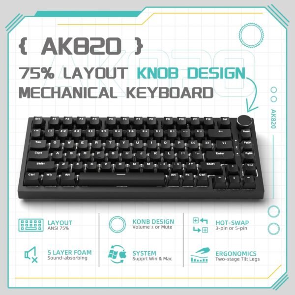 Attack Shark AK820 Teclado mecânico 75% hot-swappable, botão rotativo, USB-C, gasket com 5 camadas antirruído, LED branco, switch vermelho linear,Compatível PC/Win/Mac (preto) - Imagem 2