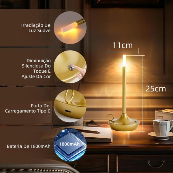 BEMMY Luminária de Mesa,Luz Branca Quente Recarregável USB, Luminária Abajur Mesa Led Dimerizável Sem Fio Recarregável, Toque Candeeiro de Mesa Luz Noturna (Ouro) 1800mAh - Imagem 2