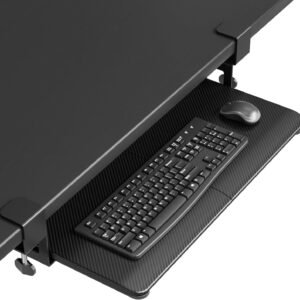 BONTEC KMT01 Bandeja de teclado sob a mesa, plataforma removível para teclado e mouse com grampo C, gaveta deslizante ergonômica de 65 x 30 cm, fibra de carbono preta