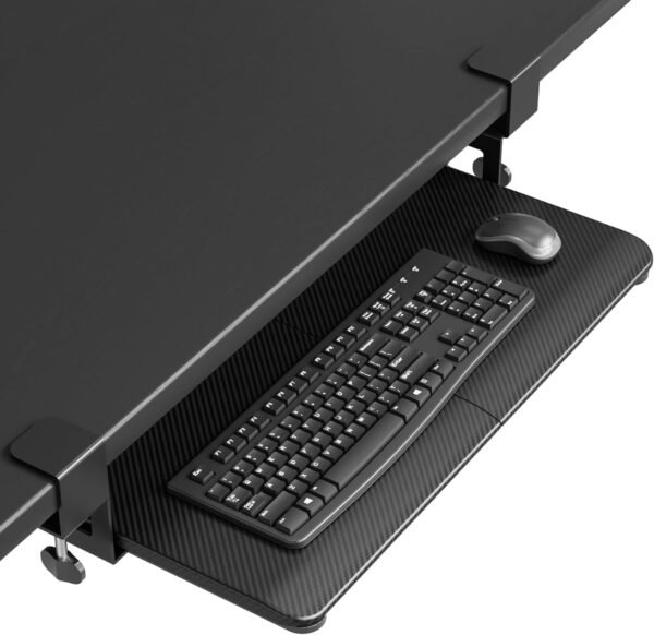 BONTEC KMT01 Bandeja de teclado sob a mesa, plataforma removível para teclado e mouse com grampo C, gaveta deslizante ergonômica de 65 x 30 cm, fibra de carbono preta
