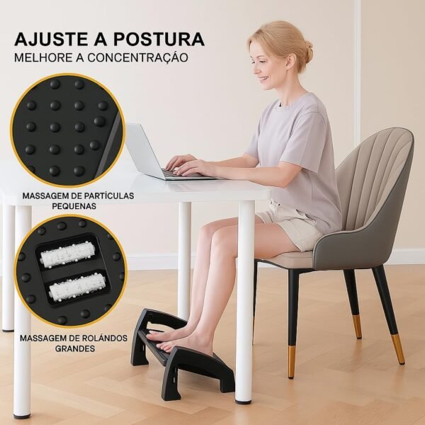 Banquinho Apoio para Pés Ergonômico - Lindo e Confortável – Suporte para os Pés Ajustável e Massageador Preto. Descanso para pés