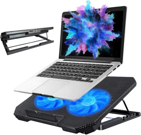 Base para Notebook com Cooler, 2 Ventiladores LED Azul, Suporte Ajustável 12-17 Polegadas, 35,7 x 26,2 cm