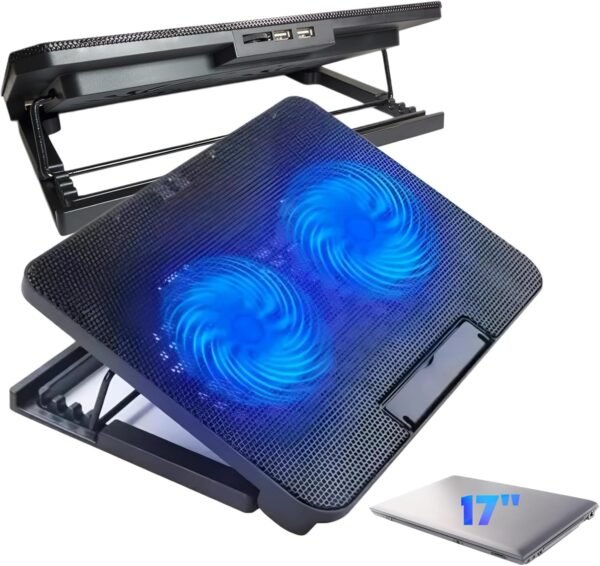 Base para Notebook com Cooler, 2 Ventiladores LED Azul, Suporte Ajustável 12-17 Polegadas, 35,7 x 26,2 cm - Imagem 2