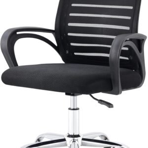 Cadeira De Escritório Giratória Home Office Encosto com Design Listrado em Malha Respirável Preta com Base Cromada e Cinco Rodinhas