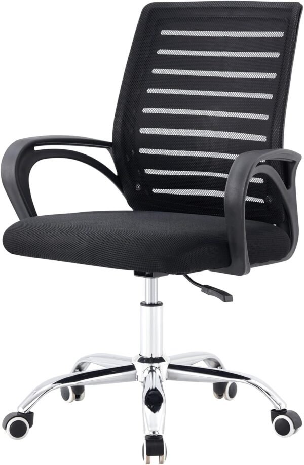 Cadeira De Escritório Giratória Home Office Encosto com Design Listrado em Malha Respirável Preta com Base Cromada e Cinco Rodinhas