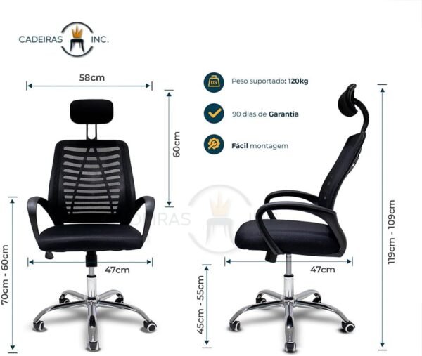 Cadeira De Escritório Presidente Simples Ergonômica Tela Mesh Simples Com Apoio e Sistema Relax Ribs Preta - Imagem 2