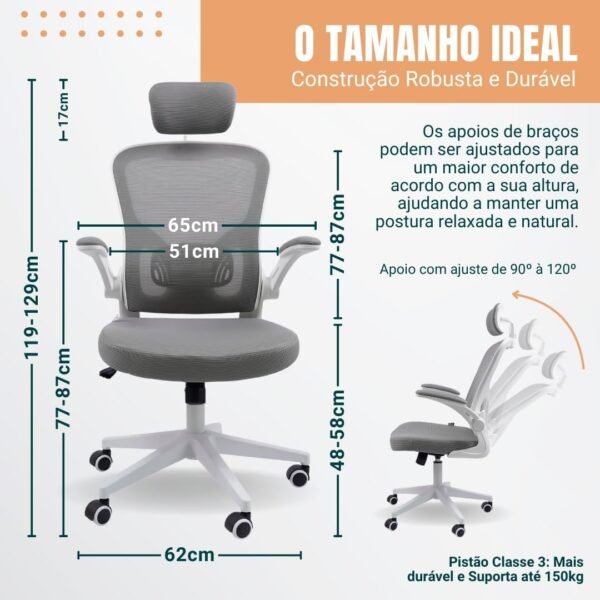 Cadeira Ergonômica Eurynom, Giratória, para Escritório e Home Office, com Encosto Reclinável, Braços Pivotantes, Apoio de Cabeça, Apoio Lombar (Preta) - Imagem 2