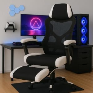 Cadeira Gamer Escritorio Ergonômica com Apoio para Pés Encosto em Mesh Preto e Branco Ajustável