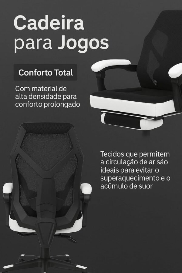 Cadeira Gamer Escritorio Ergonômica com Apoio para Pés Encosto em Mesh Preto e Branco Ajustável - Imagem 2