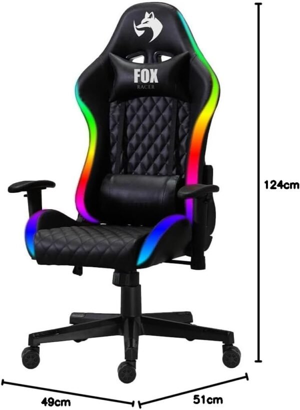 Cadeira Gamer Fox Racer até 130kgs com RGB e Iluminação LED com almofadas Reclinável Preta - Imagem 2