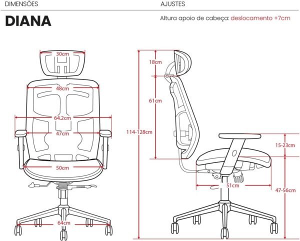 Cadeira Office DT3 Diana, ergonomica em Mesh Vidartex™, apoio de cabeça 3D, braços 2D e pad anatômico, apoio lombar almofadado com ajuste manual, suporta até 120kg e altura máx. de 1,80m (Black) - Imagem 2