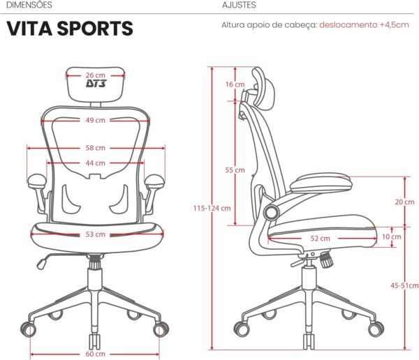 Cadeira Office DT3 Vita c/apoio de cabeça 2D, ergonomica e confortável com revestimento Mesh Spandex™+Tecido Softex™, braço retrátil até 90º, suporta até 120kg e altura máx. de 1,75m (Orange) - Imagem 2