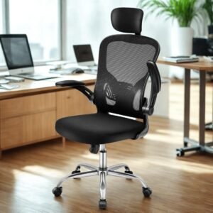 Cadeira de Escritório, Ergonômica, Executiva Presidente, Moderna com Apoio para Cabeça e Lombar, Apoio de Braços, Malha Respirável, Base Cromada, Giratória, Revestimento Mesh (Preto)