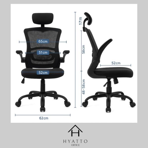 Cadeira de Escritório Ergonômica Giratória, Malha Respirável, Estofado Mesh, Modelo Tipo Presidente Confortável c Mecanismo de Elevação e Inclinação, Rodinhas silenciosas. Preta | HYATTO OFFICE | - Imagem 2