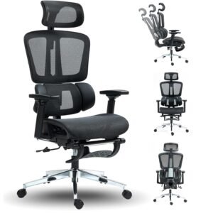 Cadeira de Escritório Ergonômica Premium, Encosto Reclinável, Apoio Lombar e Cabeça Ajustáveis, Assento em Malha Respirável, Braços 3D, Ideal Home Office e Gamer, Preto