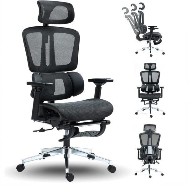 Cadeira de Escritório Ergonômica Premium, Encosto Reclinável, Apoio Lombar e Cabeça Ajustáveis, Assento em Malha Respirável, Braços 3D, Ideal Home Office e Gamer, Preto