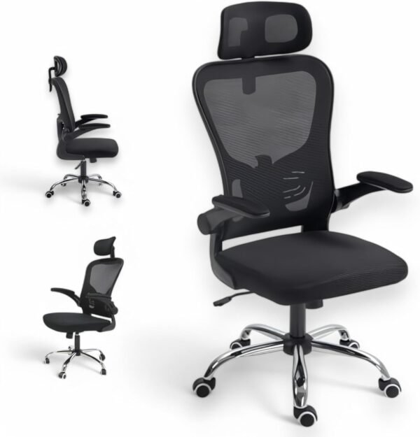 Cadeira de Escritório Ergonômica, Presidente Premium, C- Estofado Mesh - Giratória, Malha Respirável, Confortável, Mecanismo de Elevação e Inclinação, Rodinhas Silenciosas Pés em Aço Cromado.