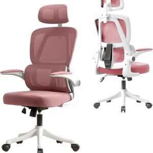 Cadeira de Escritório Ergonômica, Suporta 120kg, Encosto de Malha Respirável, Apoio Lombar, Assento de Látex, Apoio de Cabeça Ajustável, Braço Rebatível ((Rosa))