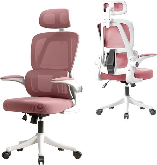Cadeira de Escritório Ergonômica, Suporta 120kg, Encosto de Malha Respirável, Apoio Lombar, Assento de Látex, Apoio de Cabeça Ajustável, Braço Rebatível ((Rosa))