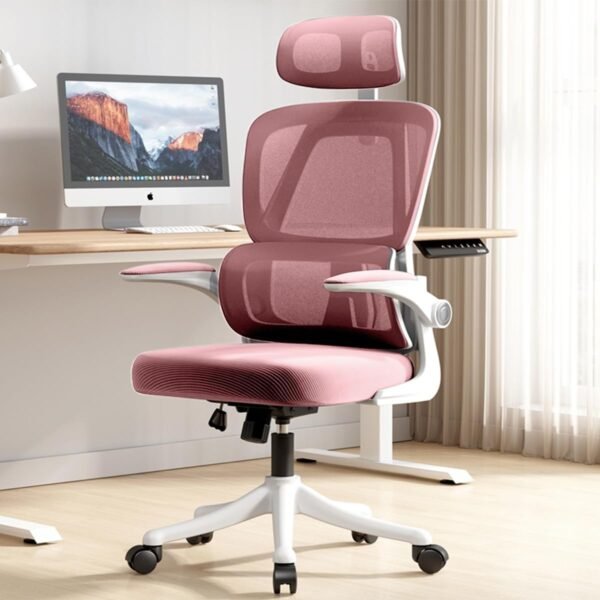 Cadeira de Escritório Ergonômica, Suporta 120kg, Encosto de Malha Respirável, Apoio Lombar, Assento de Látex, Apoio de Cabeça Ajustável, Braço Rebatível ((Rosa)) - Imagem 2