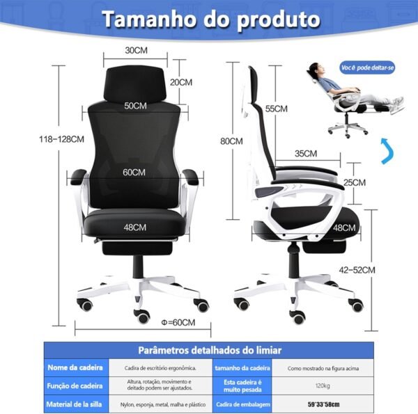 Cadeira de Escritório Ergonômica com Apoio para Pés, Encosto Reclinável, Assento Confortável, Design Moderno, Ideal para Home Office, Escritório e Gamer (Preto e branco) - Imagem 2