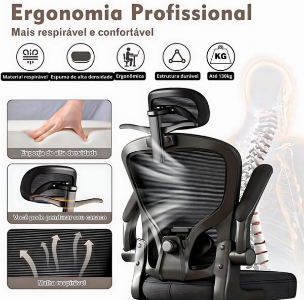Cadeira de Escritório Secretária Presidente Ergonômica Giratória, Encosto Reclinável, Apoio Lombar e de Cabeça, Braços Ajustáveis, Mesh Respirável, Preta, Python Fly - Imagem 2